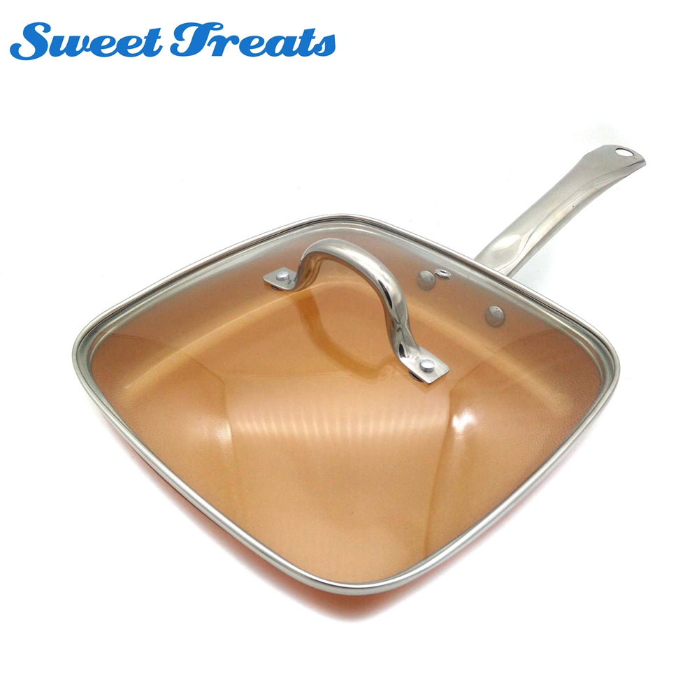 Sweettreats Copper Pan 10-Inch Nonstick Deep Square Induction Fry Pan with/without Glass Lid, Dishwasher Safe Oven Safe